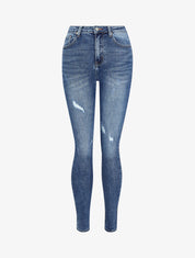 Jean skinny taille haute à griffures - Bleu denim - 1