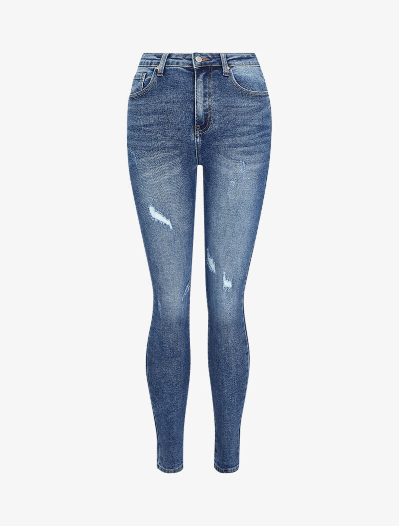 Jean skinny taille haute à griffures - Bleu denim - 1