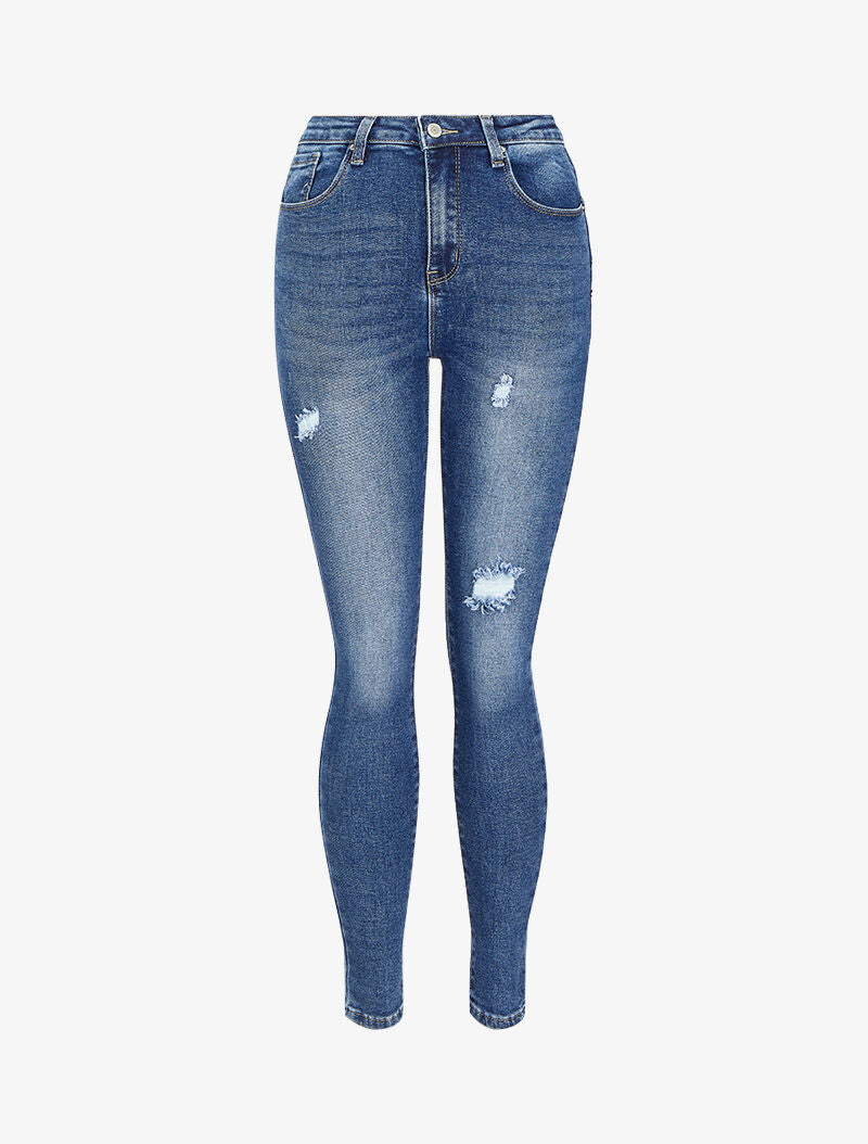 Jean skinny taille haute déchiré - Bleu denim - 4