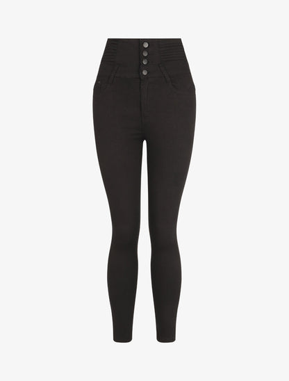 Jean skinny taille haute boutonnée - Noir - 1
