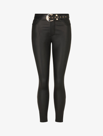 Pantalon uni en simili ceinturé - Noir - 5