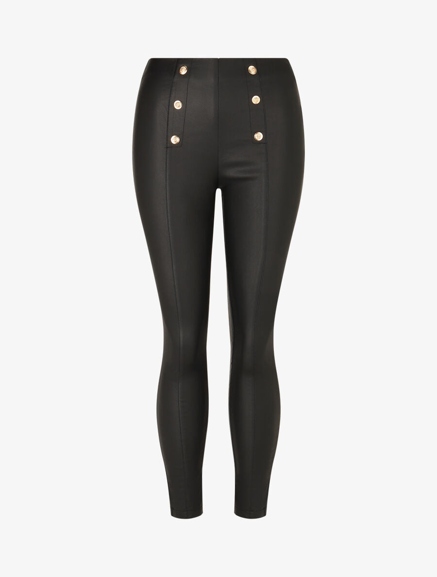 Pantalon uni en simili à boutons décoratifs - Noir - 5