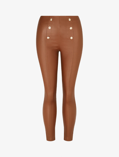 Pantalon uni en simili à boutons décoratifs - Camel - 1