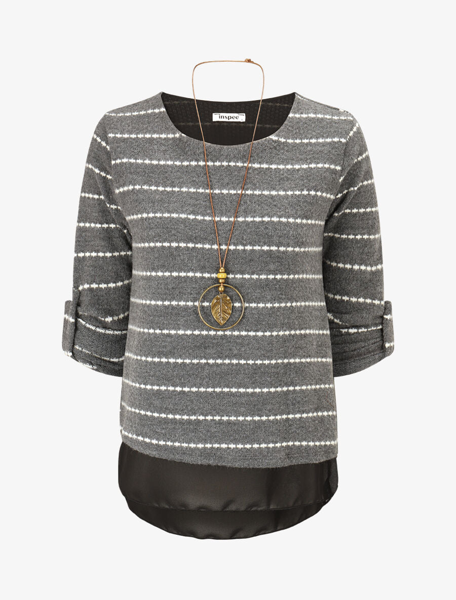 Pull superposé à rayures et manches retroussables - Gris - 1