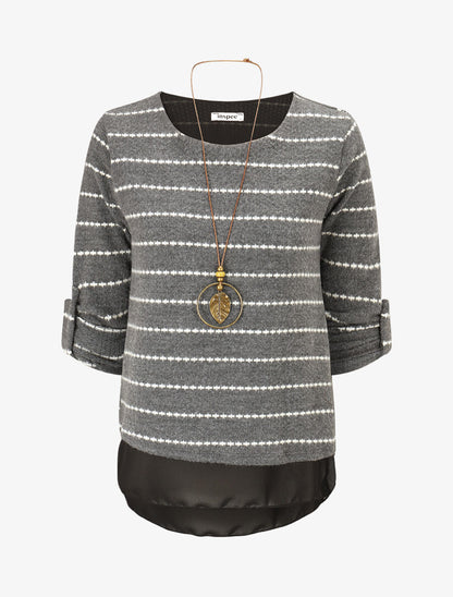 Pull superposé à rayures et manches retroussables - Gris - 1