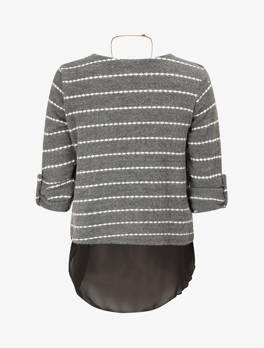 Pull superposé à rayures et manches retroussables - Gris - 2