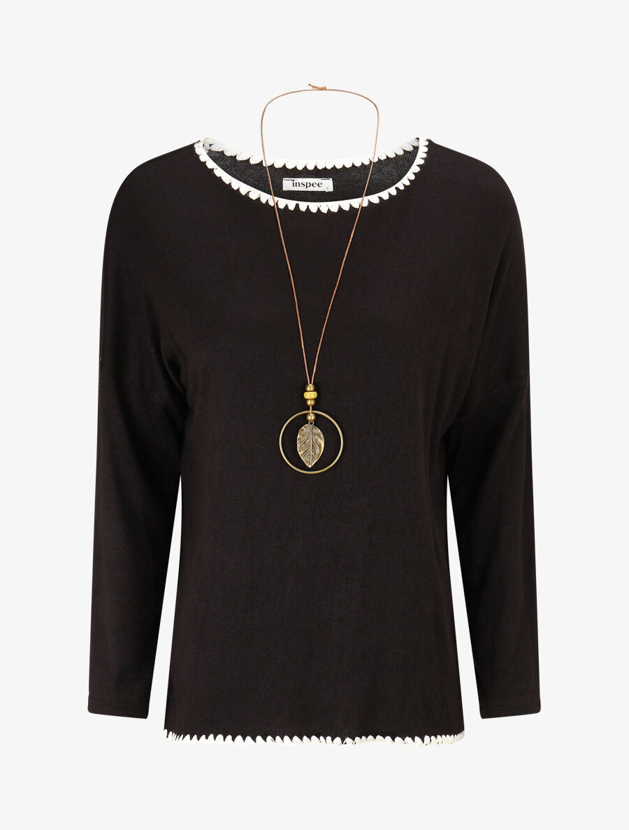 Pull fin uni à bords brodés - Noir - 1