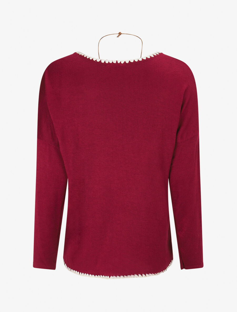 Pull fin uni à bords brodés - Lie de vin - 2