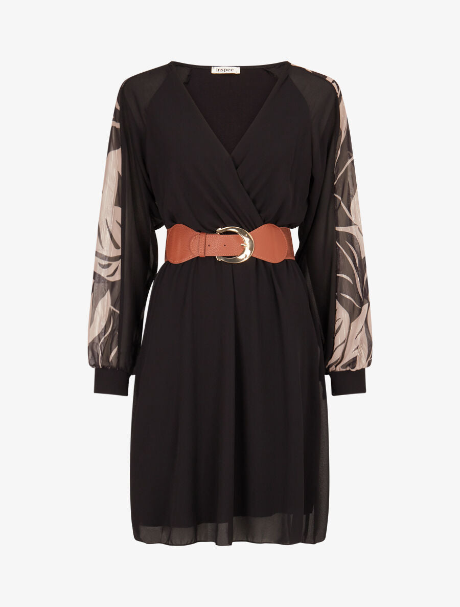 Robe patineuse à manches imprimées - Noir - 1