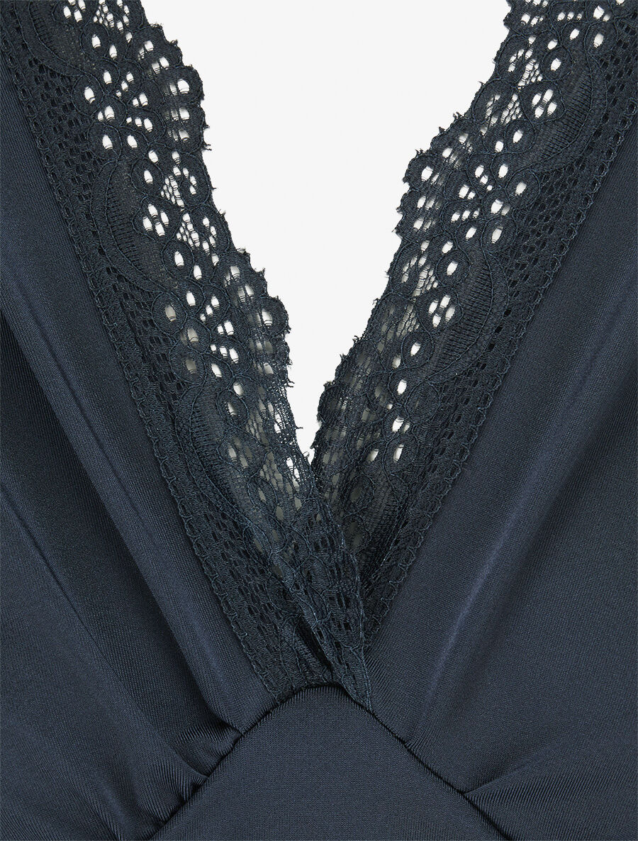 Body à détail dentelle et ventre plissé - Marine - 3