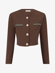 Veste courte empiécement brodé - Marron - 1