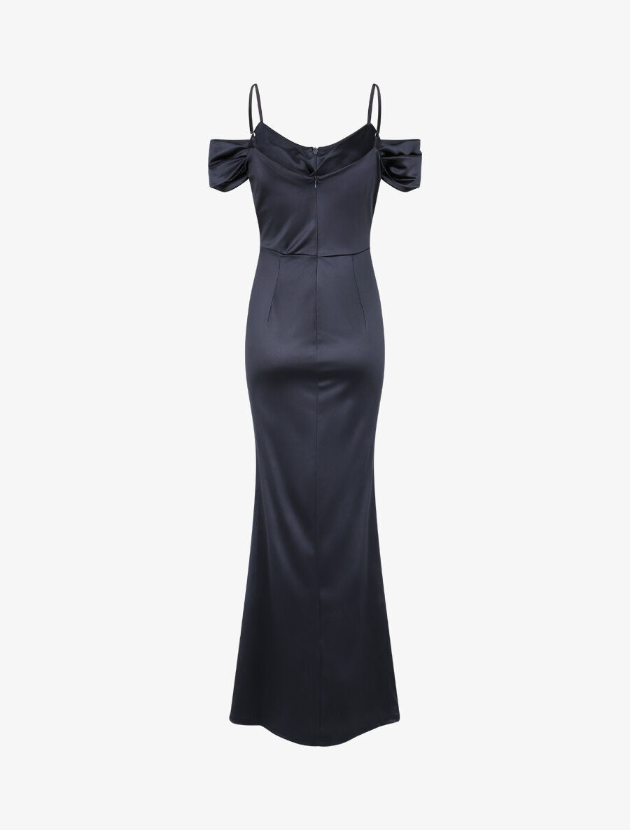 Robe longue fendue à épaules dénudées - Marine - 2
