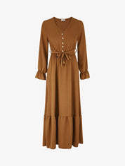 Robe longue uni à taille élastiquée - Camel - 1