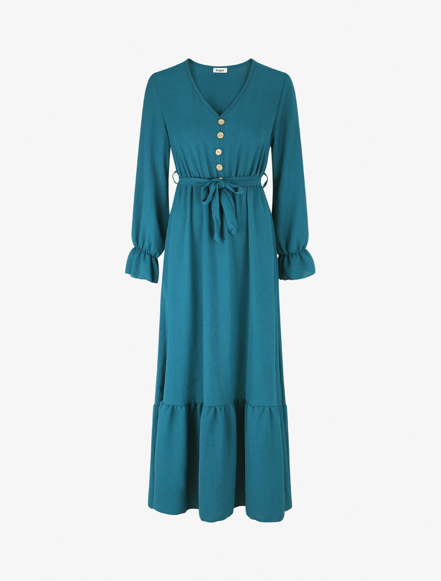 Robe longue uni à taille élastiquée - Bleu canard - 1
