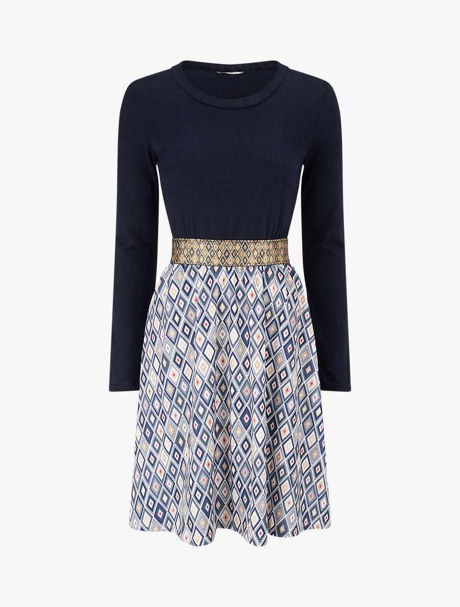 Robe imprimé losange et taille fantaisie - Marine - 1