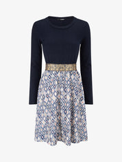 Robe imprimé losange et taille fantaisie - Marine - 1