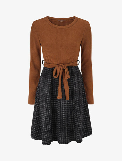 Robe bimatière à jupe imprimé carreaux - Camel - 5
