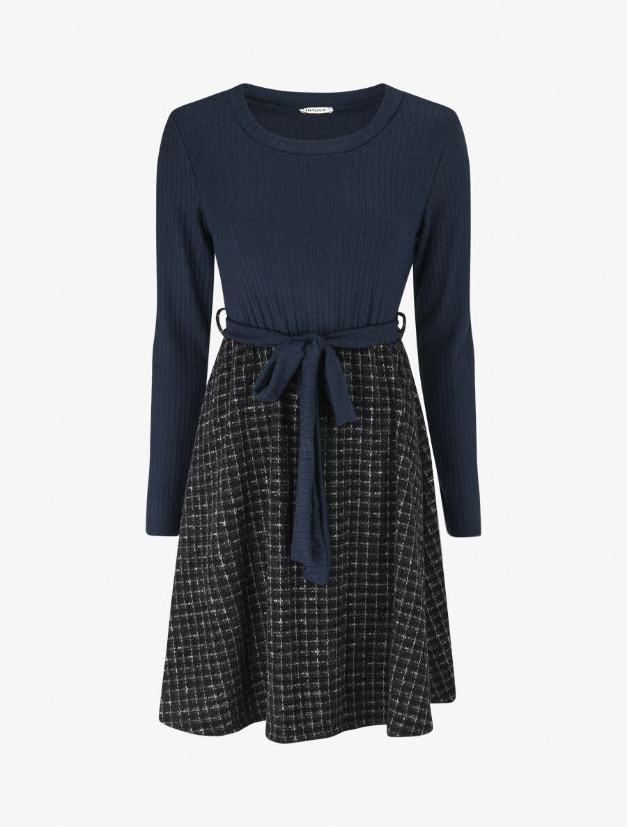 Robe bimatière à jupe imprimé carreaux - Marine - 1