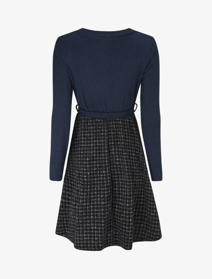 Robe bimatière à jupe imprimé carreaux - Marine - 2