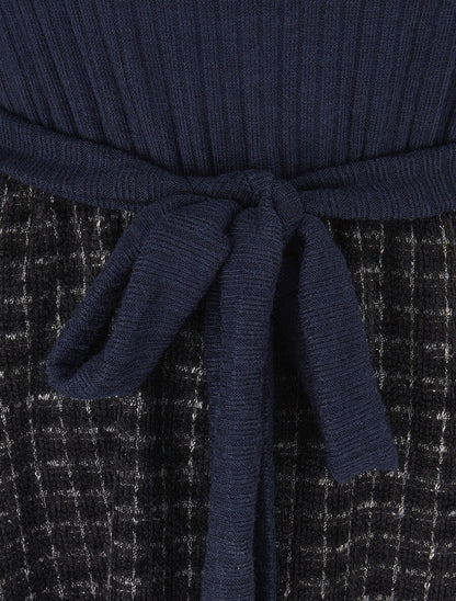 Robe bimatière à jupe imprimé carreaux - Marine - 3