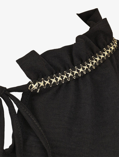 Blouse fluide unie à détail irisé - Noir - 3