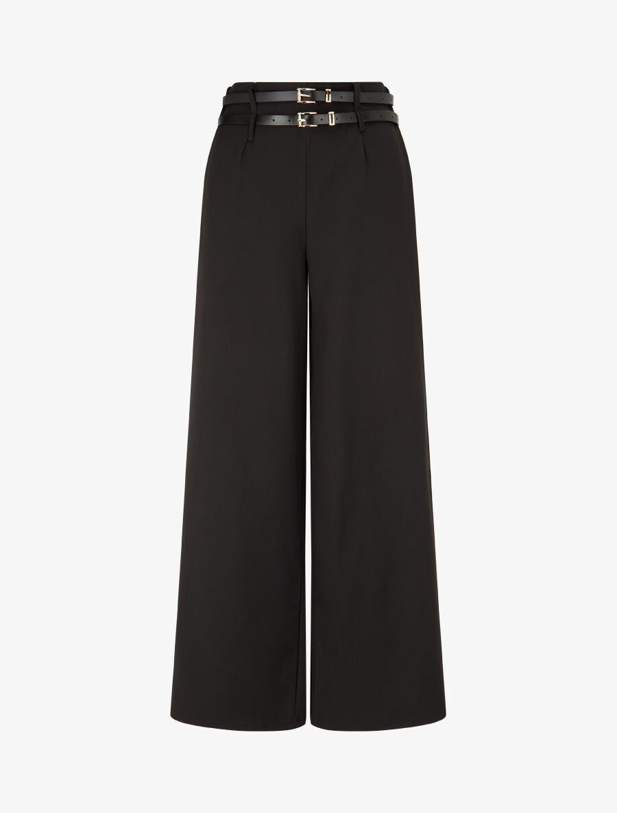 Pantalon wide leg à double ceintures - Noir - 1