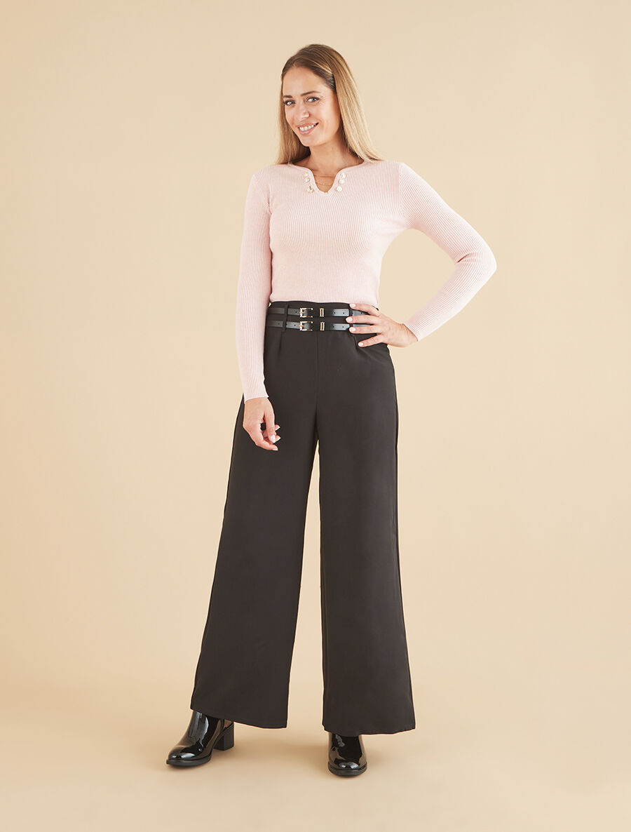 Pantalon wide leg à double ceintures - Noir - 4