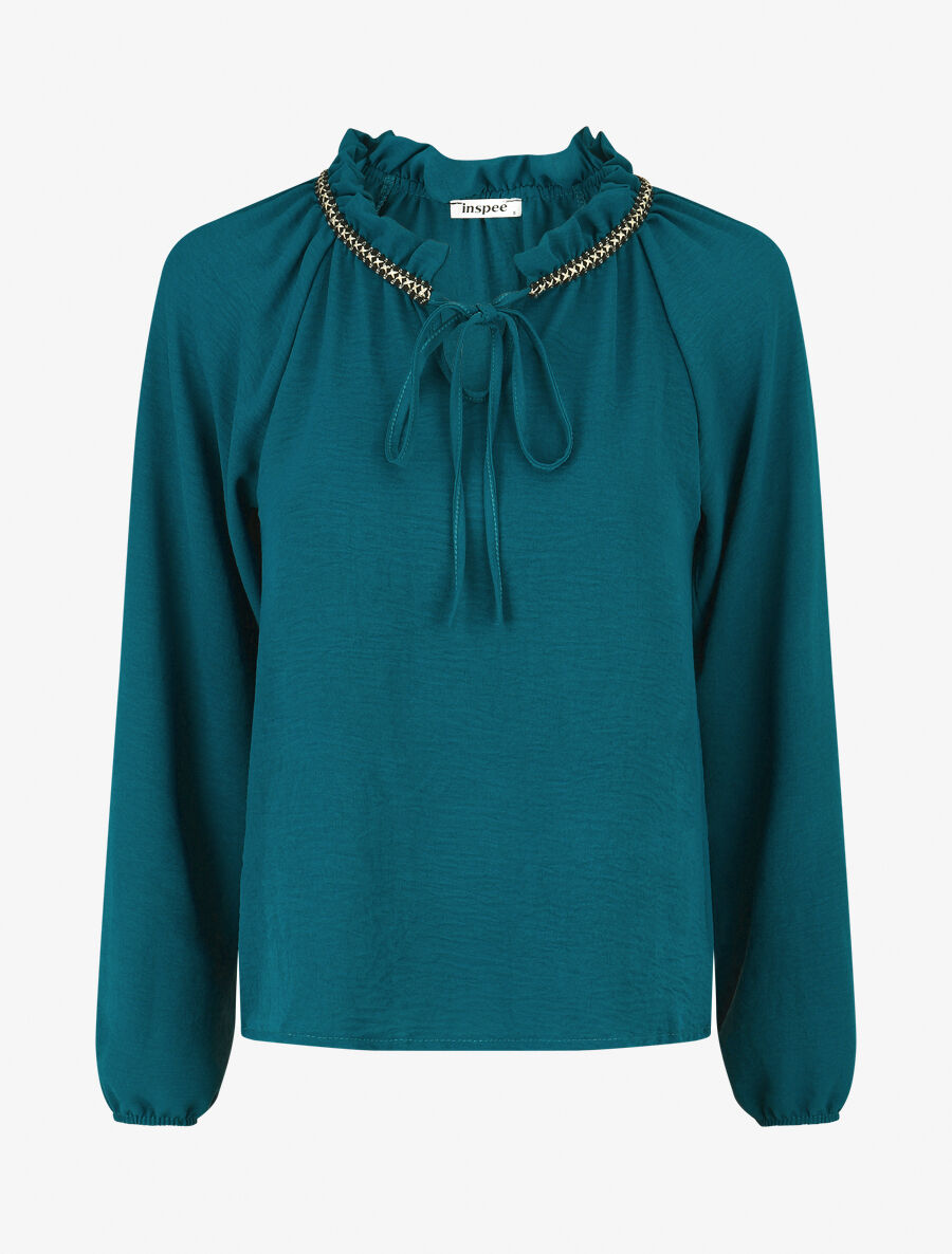 Blouse fluide unie à détail irisé - Bleu canard - 1