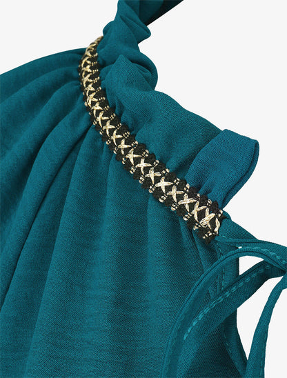 Blouse fluide unie à détail irisé - Bleu canard - 3