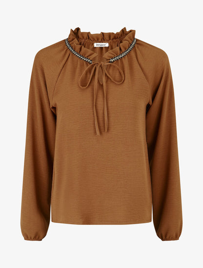 Blouse fluide unie à détail irisé - Camel - 1