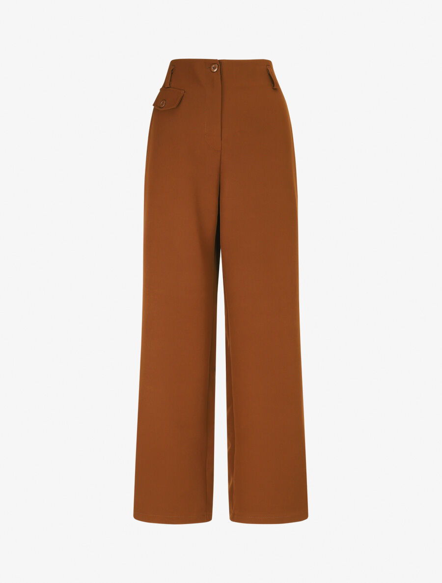 Pantalon uni à taille élastiquée - Marron - 4