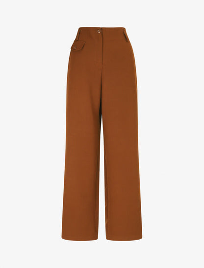 Pantalon uni à taille élastiquée - Marron - 4