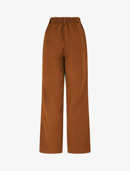 Pantalon uni à taille élastiquée - Marron - 2
