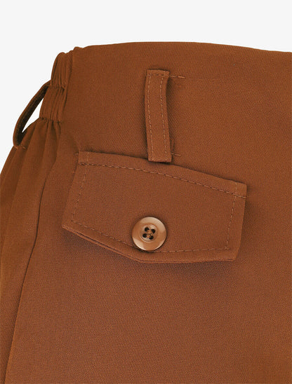 Pantalon uni à taille élastiquée - Marron - 3