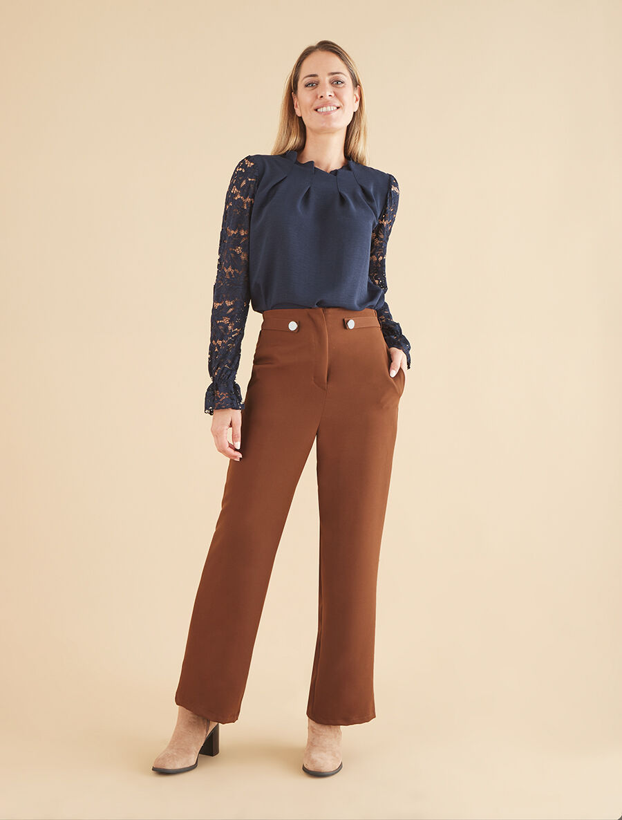 Pantalon uni et elastiqué - Marron - 4