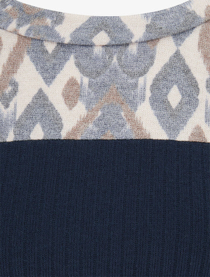 Pull côtelé à imprimé graphique et boutons décoratifs - Marine - 3