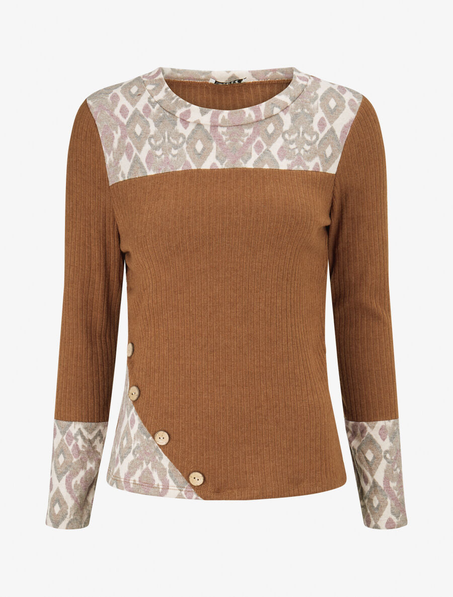 Pull côtelé à imprimé graphique et boutons décoratifs - Camel - 1