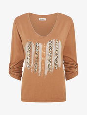Pull fin à flocage coeur et strass - Camel - 4