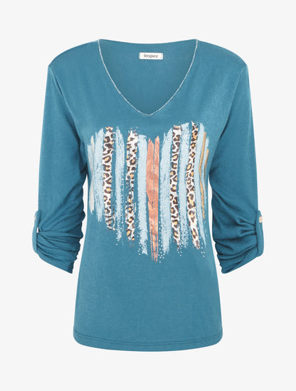 Pull fin à flocage coeur et strass - Bleu canard - 4