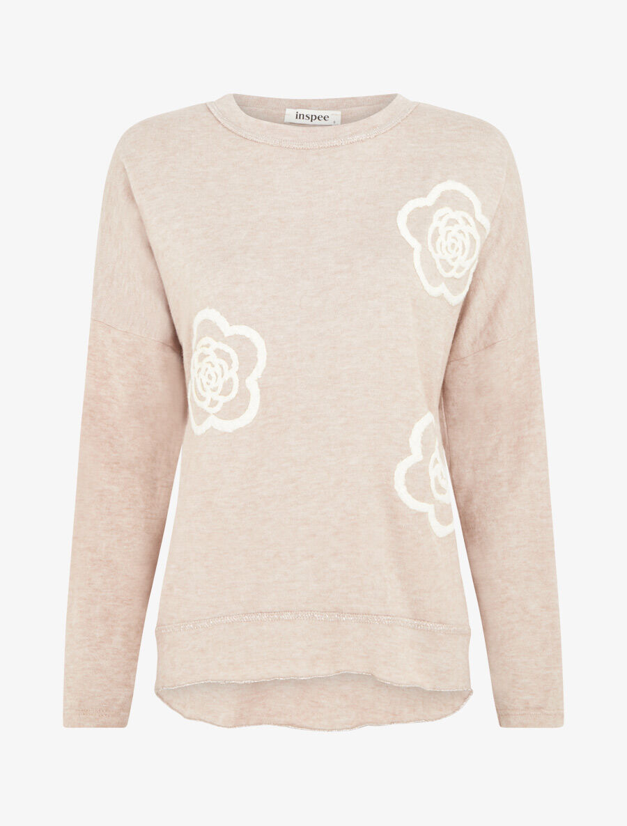 Pull fin uni à fleurs brodées - Beige - 1