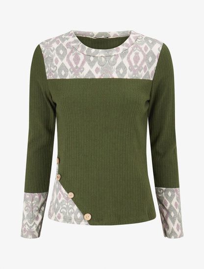Pull côtelé à imprimé graphique et boutons décoratifs - Kaki - 1