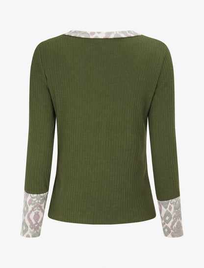 Pull côtelé à imprimé graphique et boutons décoratifs - Kaki - 2