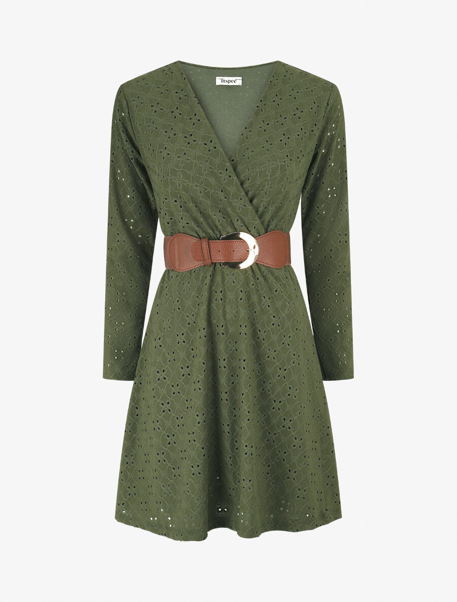 Robe unie élastiquée et ajourée - Kaki - 5