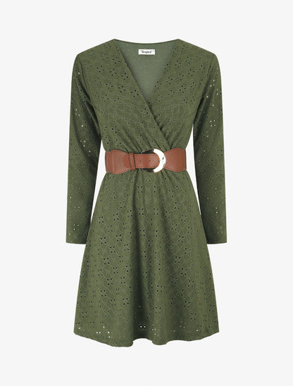 Robe unie élastiquée et ajourée - Kaki - 5