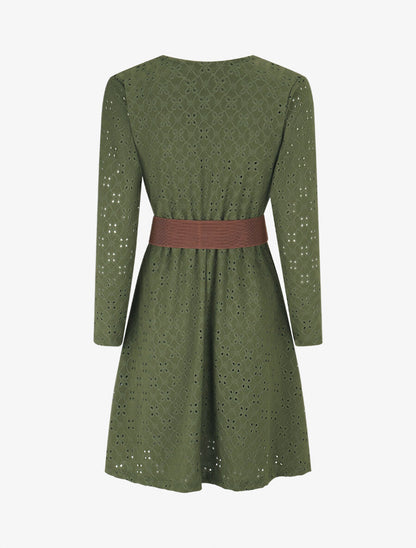 Robe unie élastiquée et ajourée - Kaki - 2