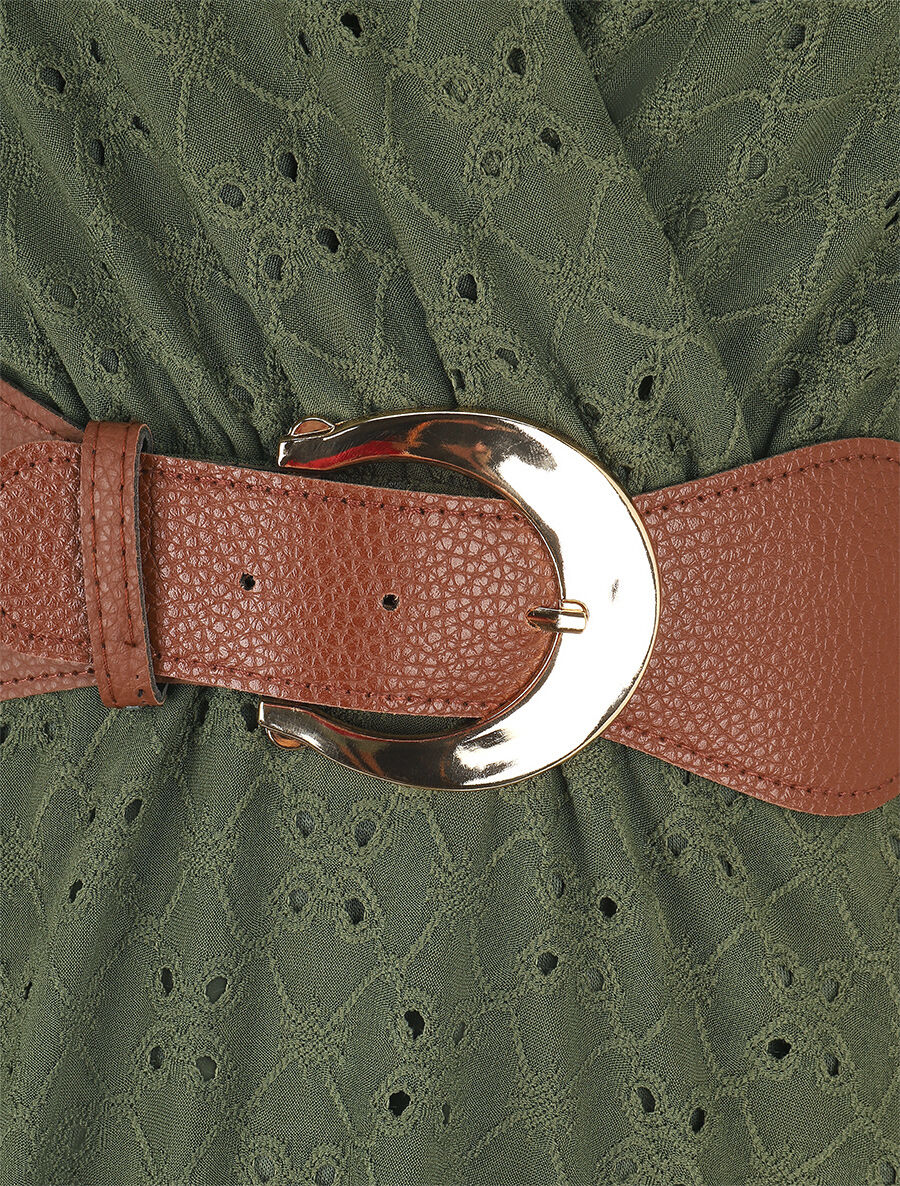 Robe unie élastiquée et ajourée - Kaki - 3