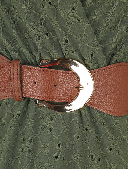 Robe unie élastiquée et ajourée - Kaki - 3