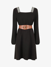 Robe fluide à col carré stylisé - Noir - 1