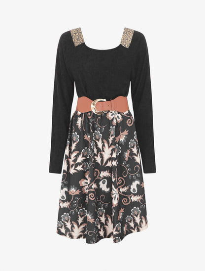 Robe bimatière à col à bandes élastiquées stylisées - Noir - 4