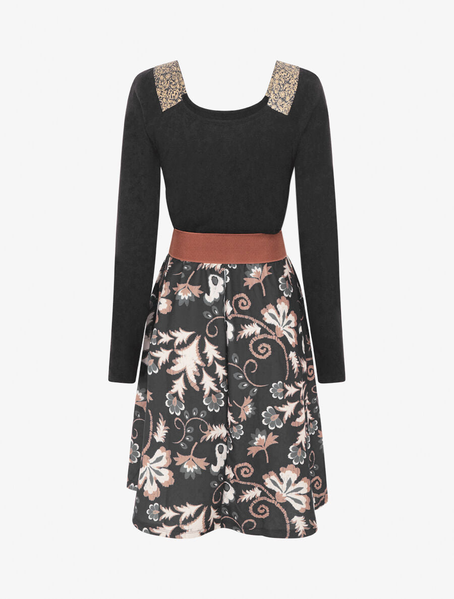 Robe bimatière à col à bandes élastiquées stylisées - Noir - 2